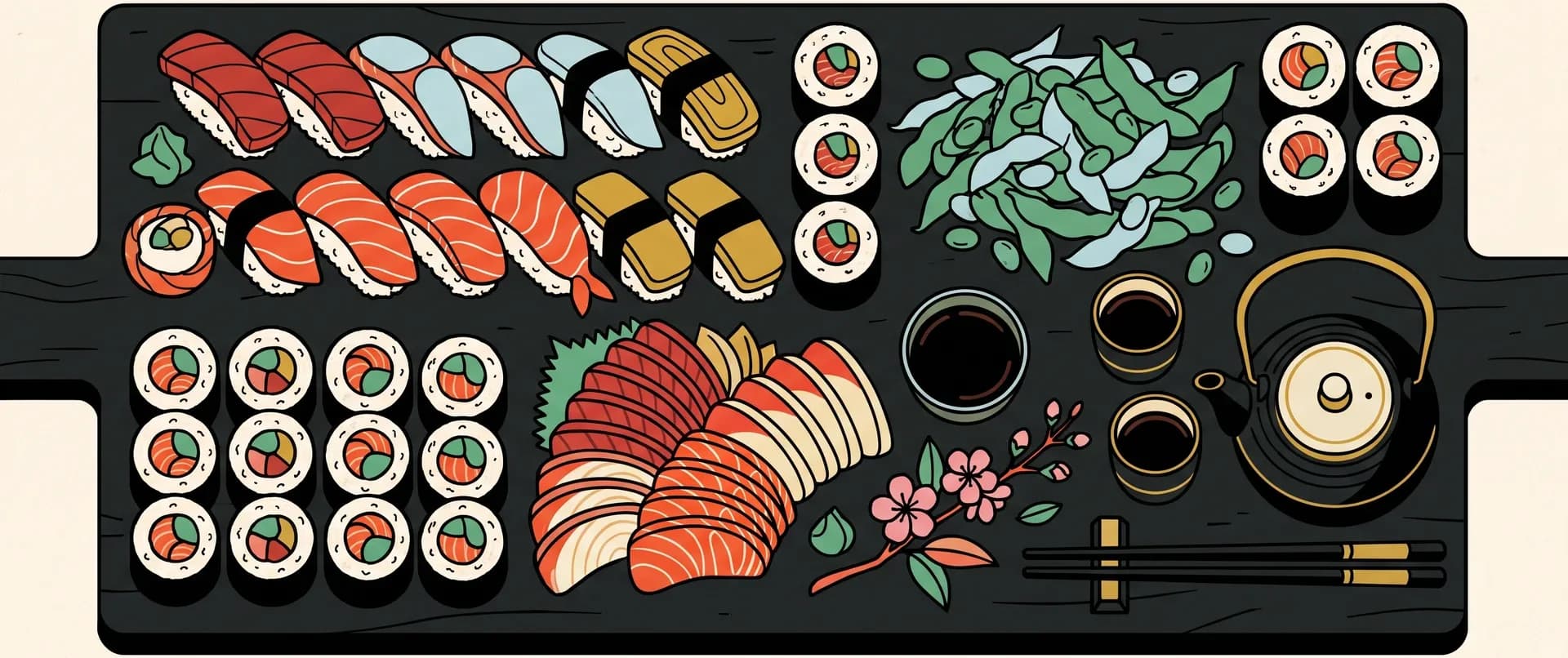Illustration of a SHIRO catering spread: nigiri, maki, sashimi, edamame and tea