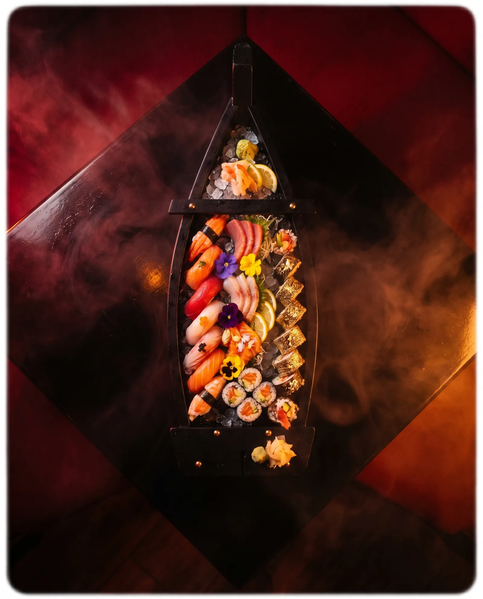 An opulent omakase sushi boat under nightclub lighting