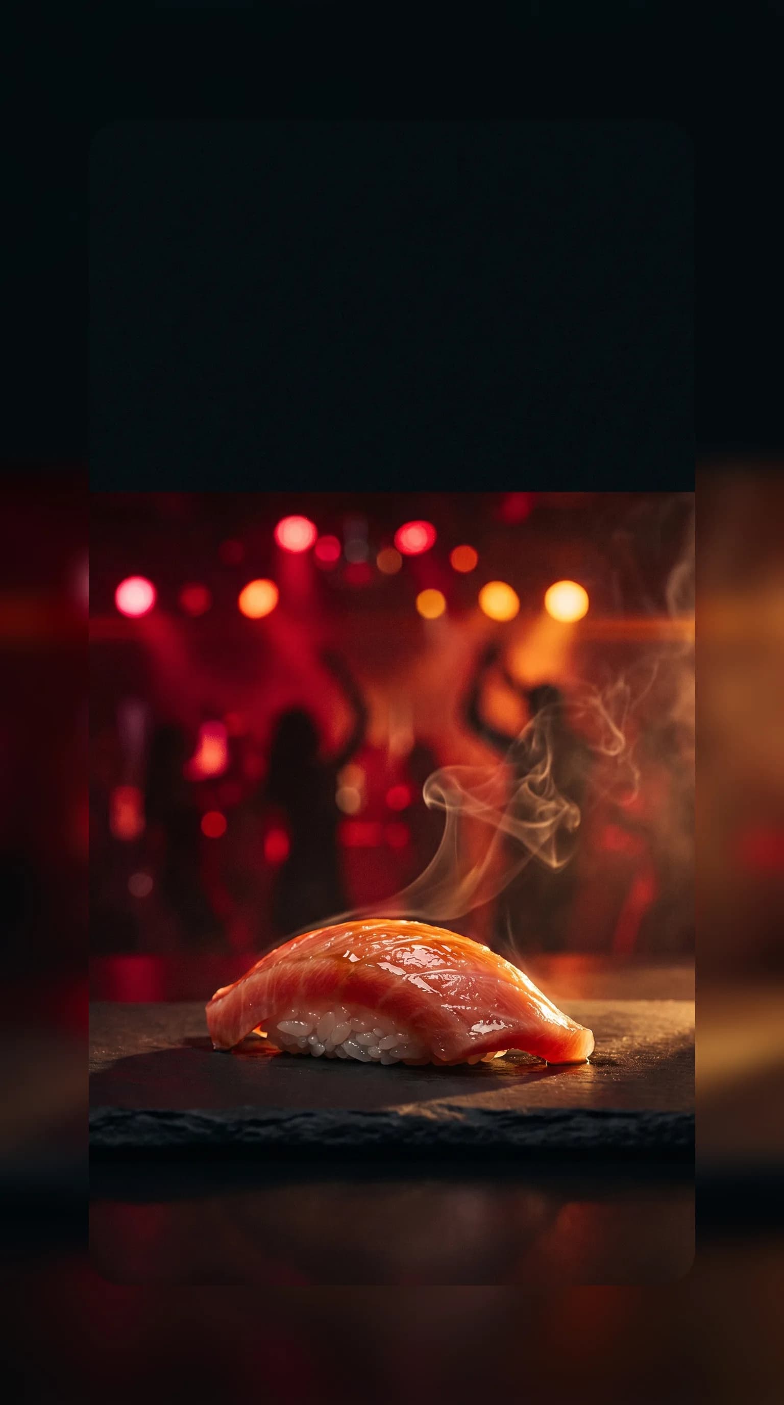 A single piece of nigiri under the red lights of a nightclub — SHIRO at Pacha New York