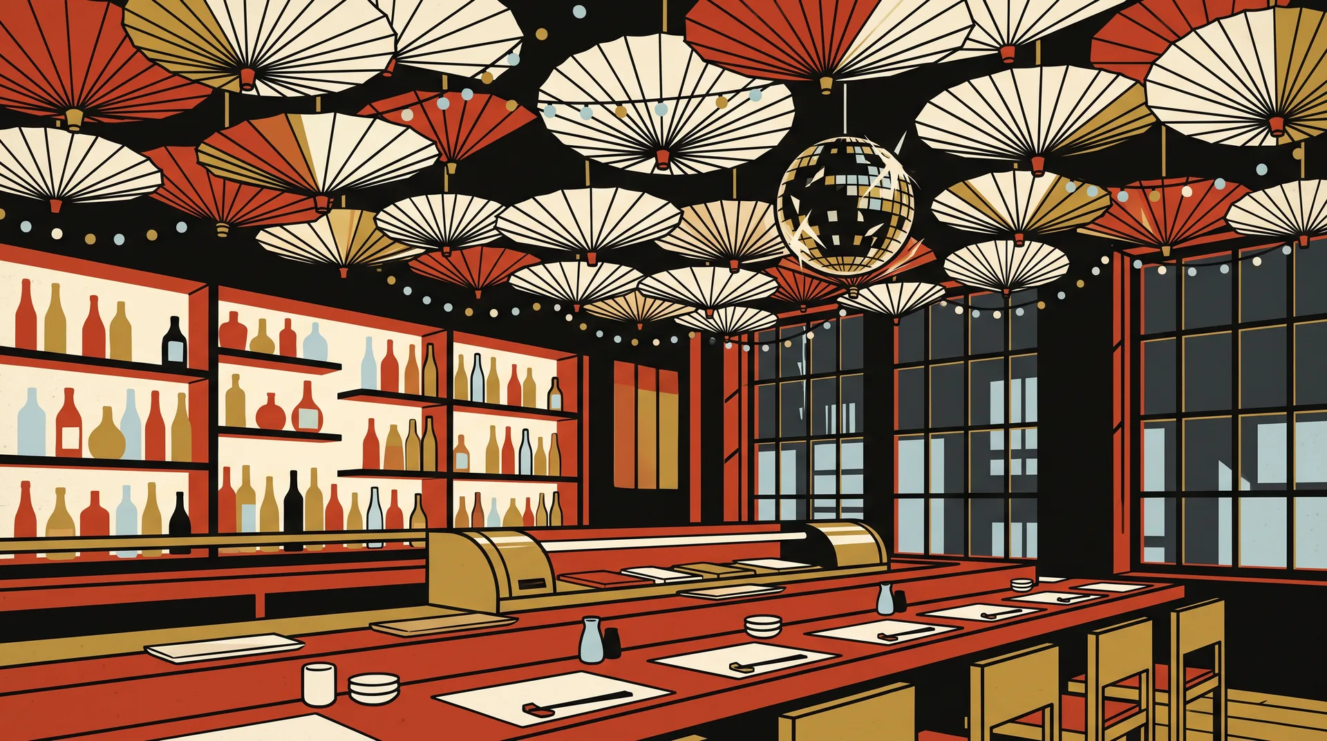Illustration of SHIRO's dining room: a parasol-hung ceiling over the sushi counter