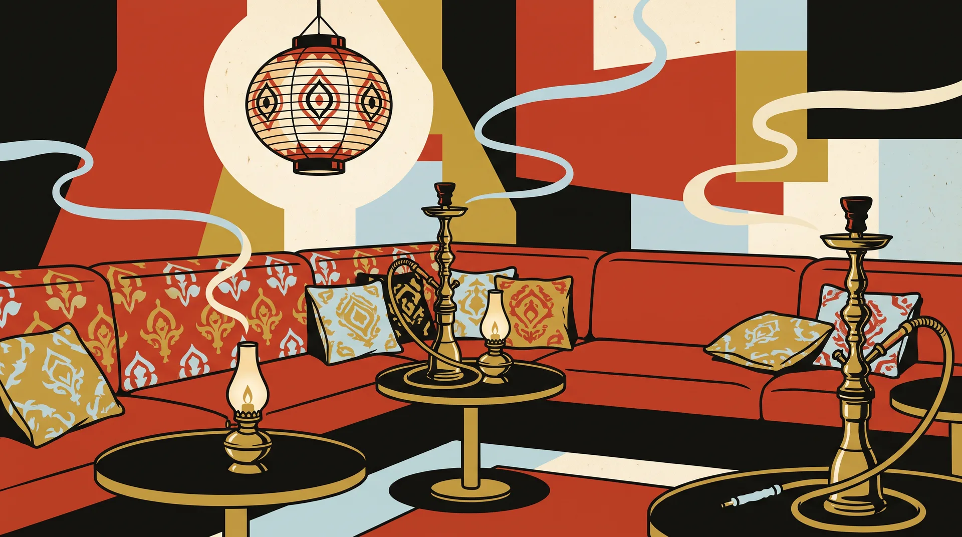 Illustration of the SHIRO hookah lounge: banquettes, brass lamps and pipes
