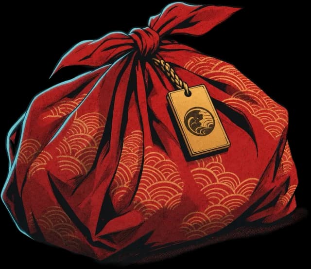Five meals wrapped in a red furoshiki cloth with a gold tag