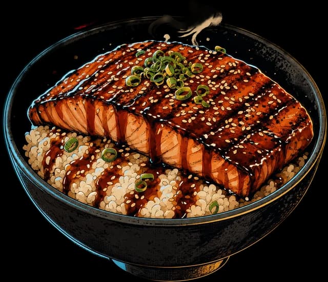 A donburi bowl of glazed salmon over rice