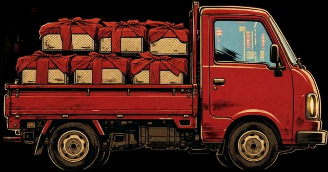 A delivery truck loaded with furoshiki-wrapped meal boxes