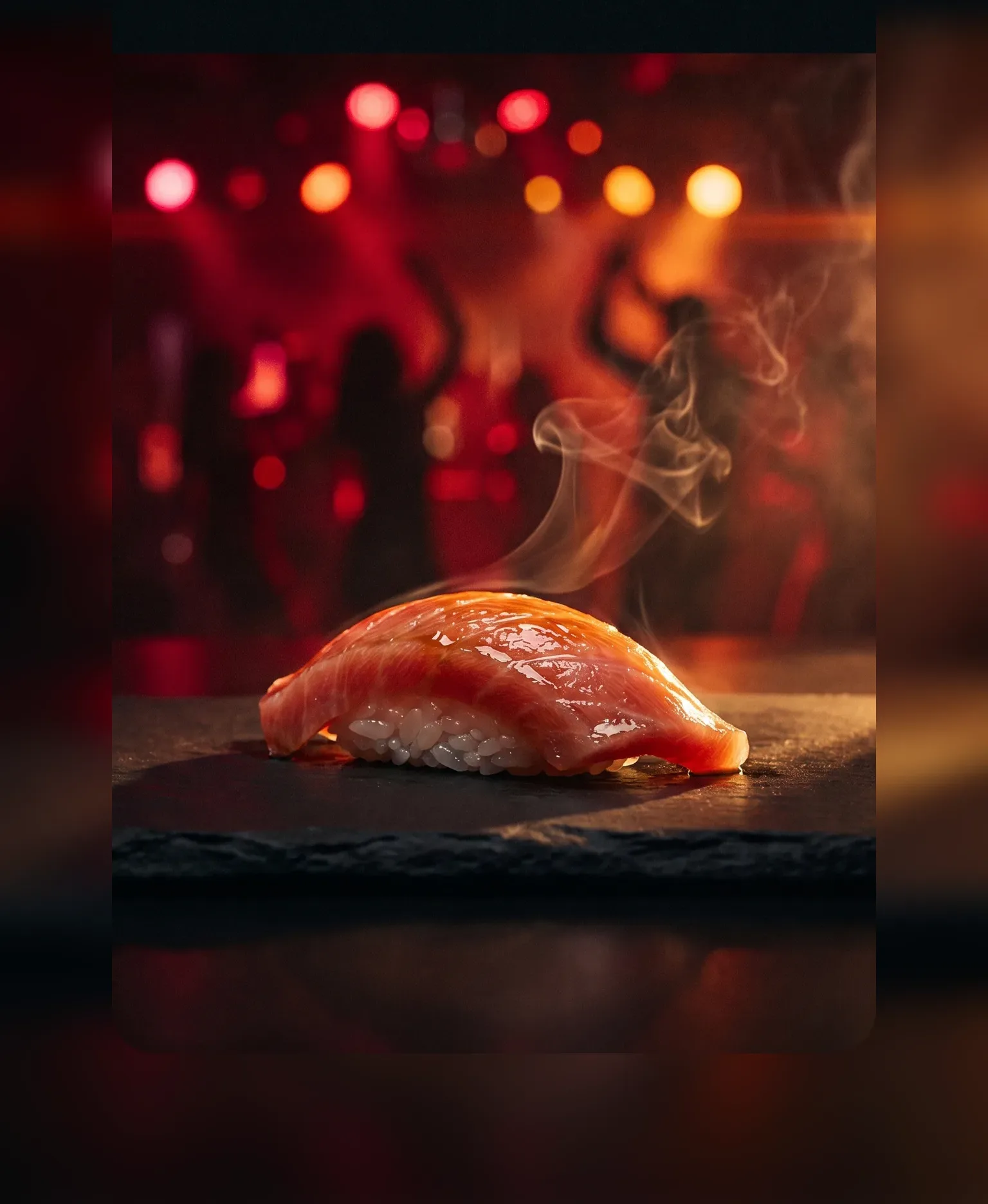 A single piece of nigiri under the red lights of a nightclub — SHIRO at Pacha New York